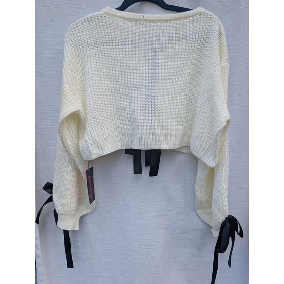 Romwe Women's Tie Front Balloon Sleeve Knit Sweater Sz M Ivory Black Whimsigoth - Picture 3 of 6